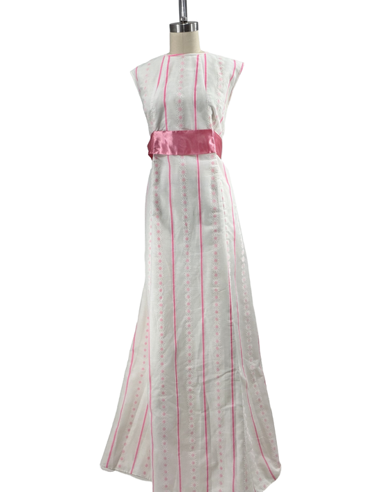 1960s White Hot Pink Chalk Stripe Sash Sleeveless Formal Gown