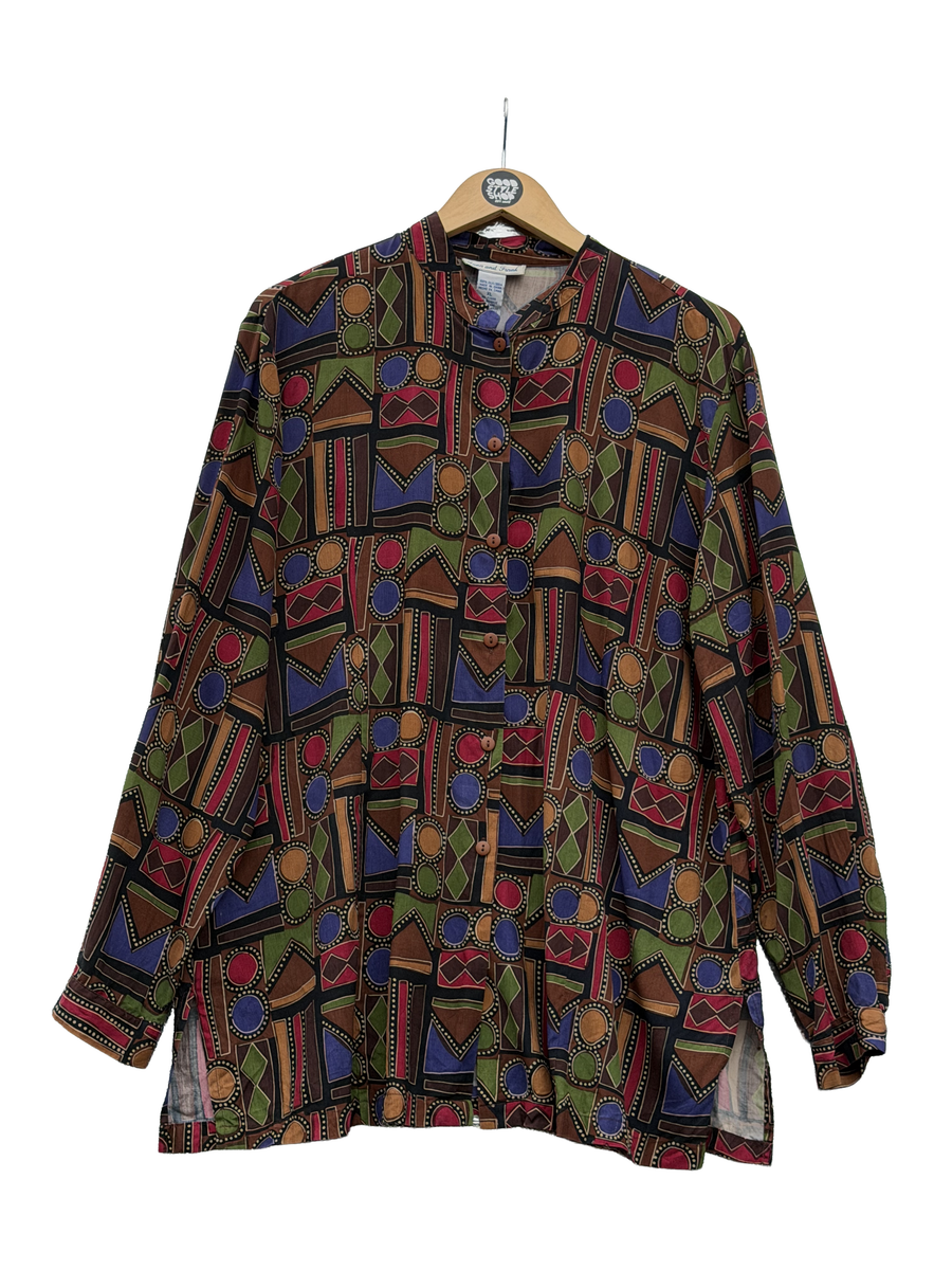 1990s Deep Tones Silk Geometric Blouse