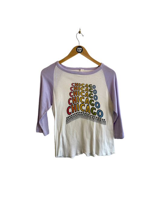 1970s White Purple Chicago Staircase Multicolor Logo Baseball Tee
