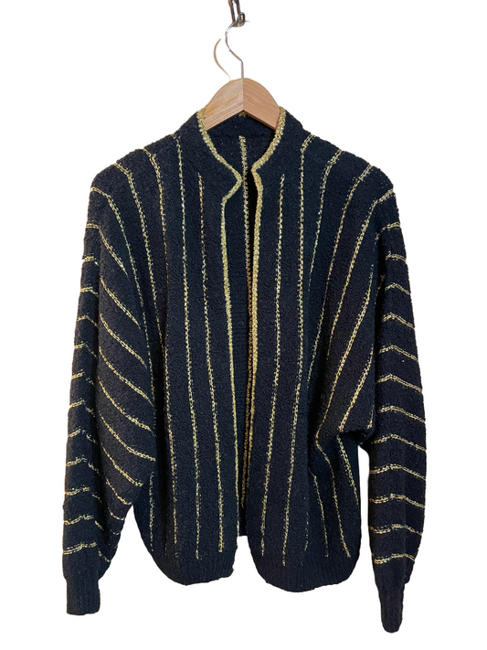 1980s Black Gold Stripe Batwing Open Boucle Knit Cardigan