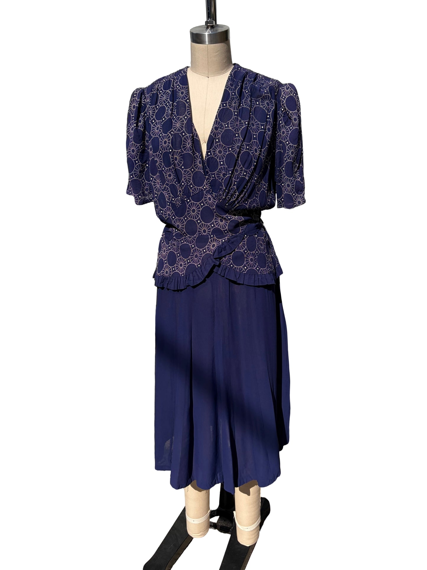 1940s Navy Rayon Circles Print Peplum Sash Belt Dress