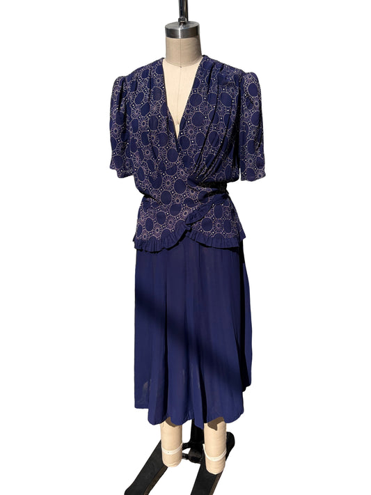 1940s Navy Rayon Circles Print Peplum Sash Belt Dress