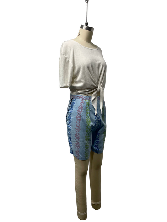 1960s Cornflower Blue Print Side Zip Cotton Shorts