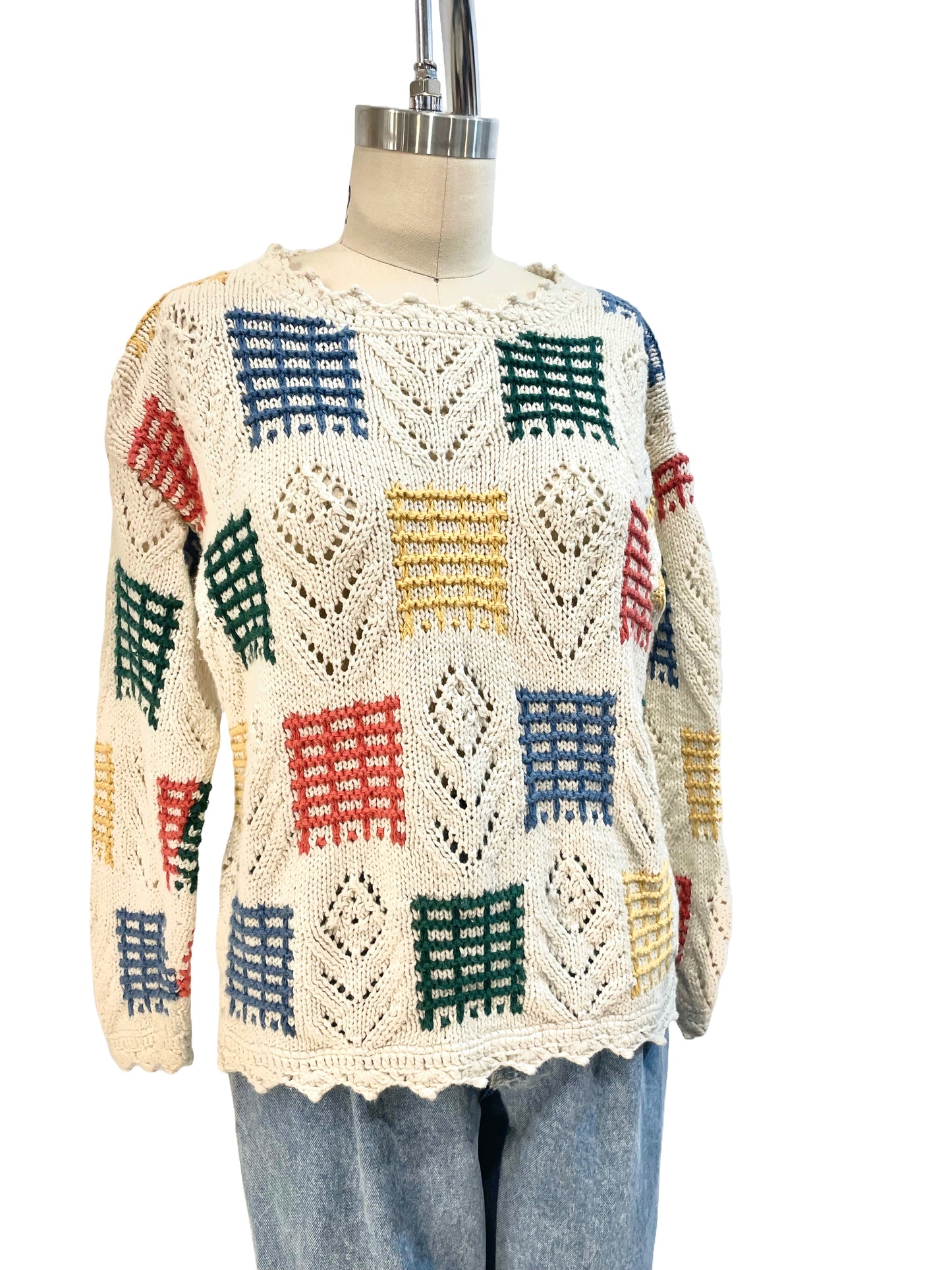 1980s White Ramie-Cotton Embroidered 'The Limited' Crop Sweater