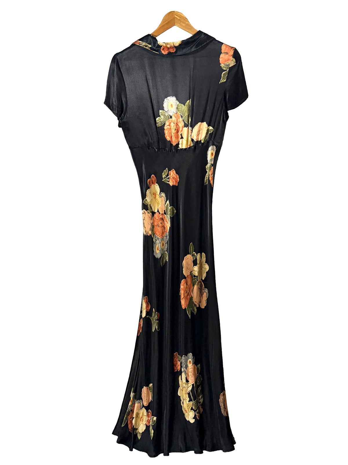 1990s Black Romantic Floral Satin Babydoll Maxi Dress