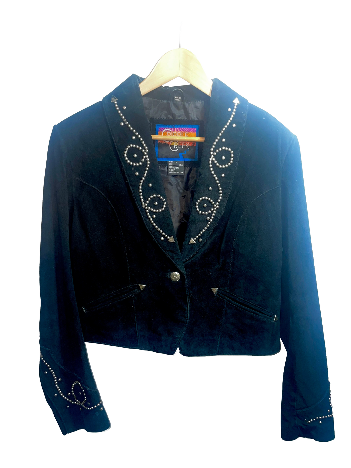 1980s Black Suede ‘Canyon Creek’ Studded Smile Pocket Western Leather Jacket