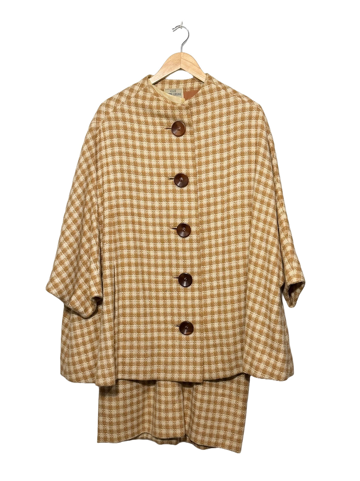 1950s Camel Cream Wool Tweed Vogue Paris Capelet Dress 2-Piece Ensemble