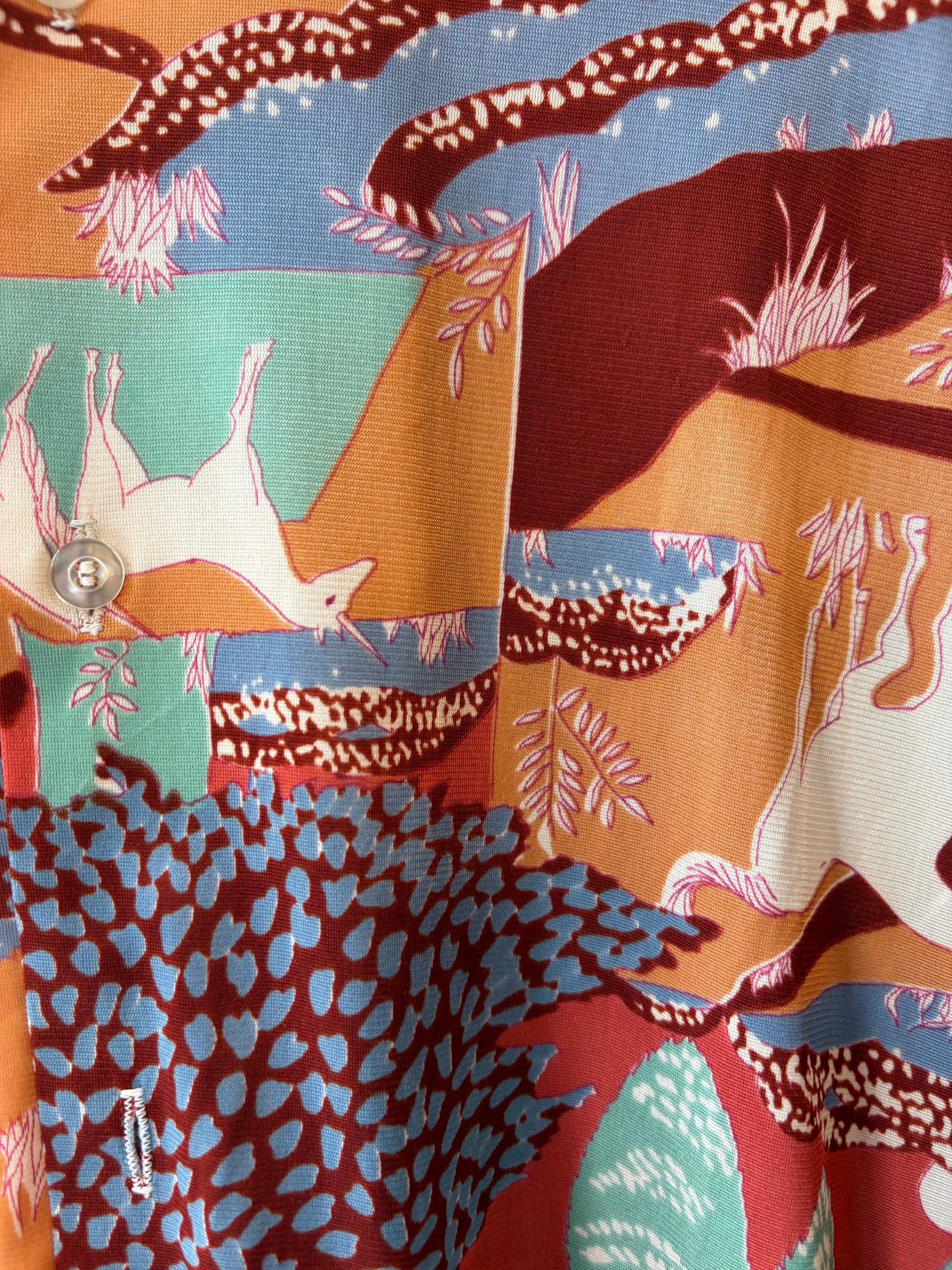1970s Copper Tones Unicorn Print Nylon Leisure Men’s Shirt