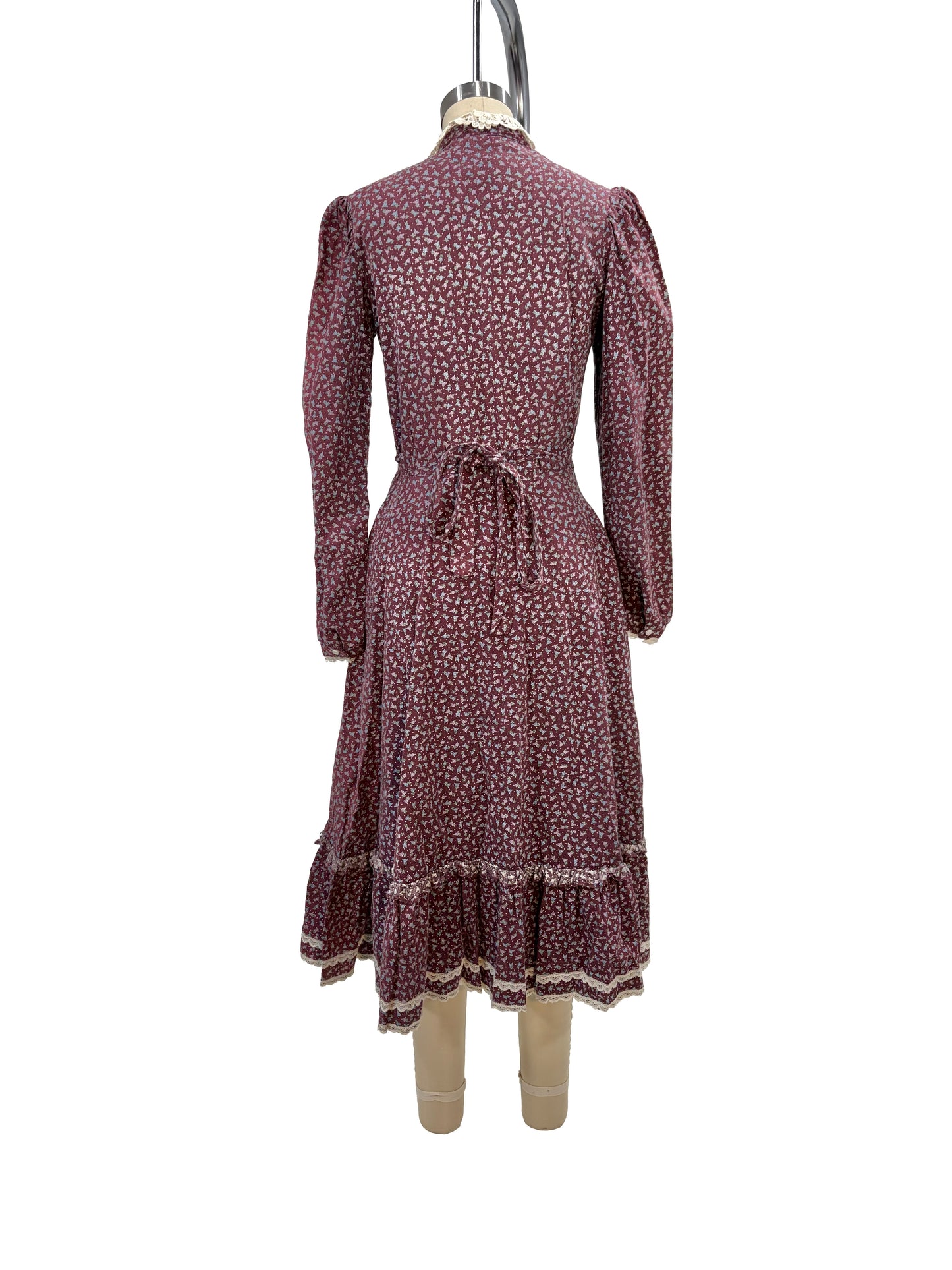 1970s Maroon Gunne Sax Ditsy Floral Tiered Cotton Prairie Dress