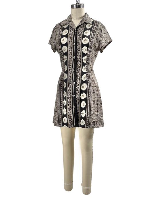 1990s Black Tan Daisy Print Mini Dress