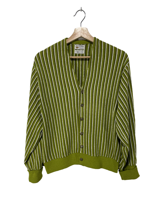 1950s Green Tones Fine Stripe Textured Acrylic Men’s Cardigan / M-L