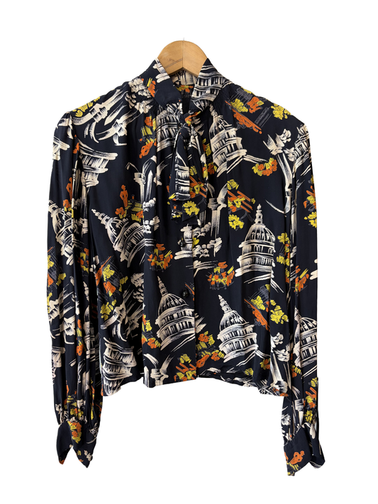 1940s Black Silk Rotunda Novelty Print Ruffle Scarf Blouse