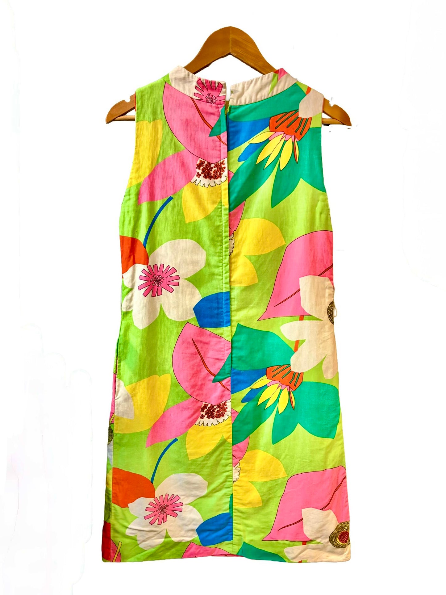 1970s Fluorescent Tropical Floral A-Line Shift Pocketed Dress