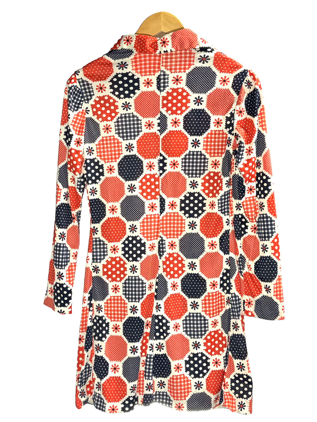 1970s Polyester Red Blue Patchwork Dots Mini Dress