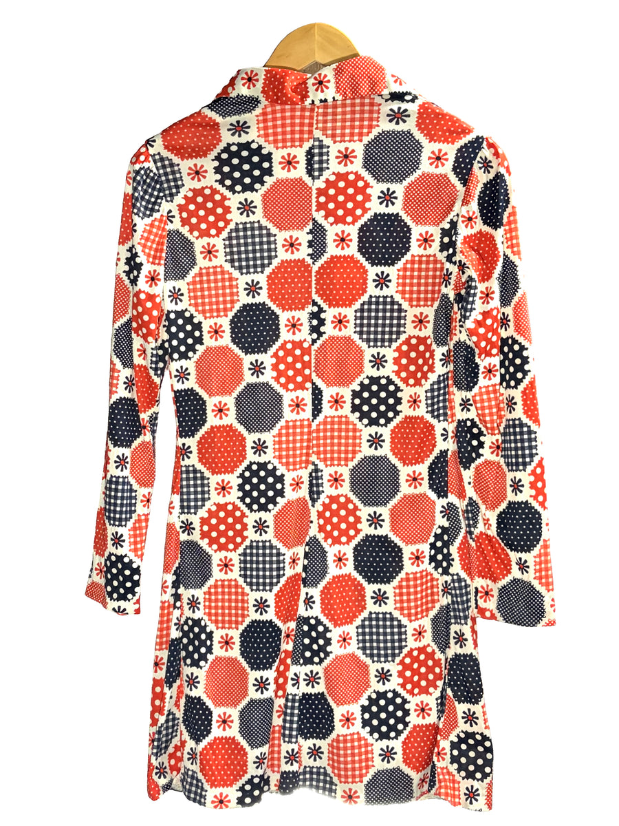 1970s Polyester Red Blue Patchwork Dots Mini Dress