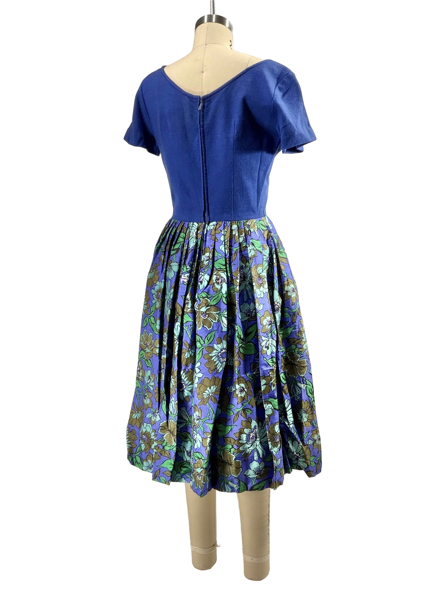 1950s Blue Green Floral Appliqué Wool Silk Dress
