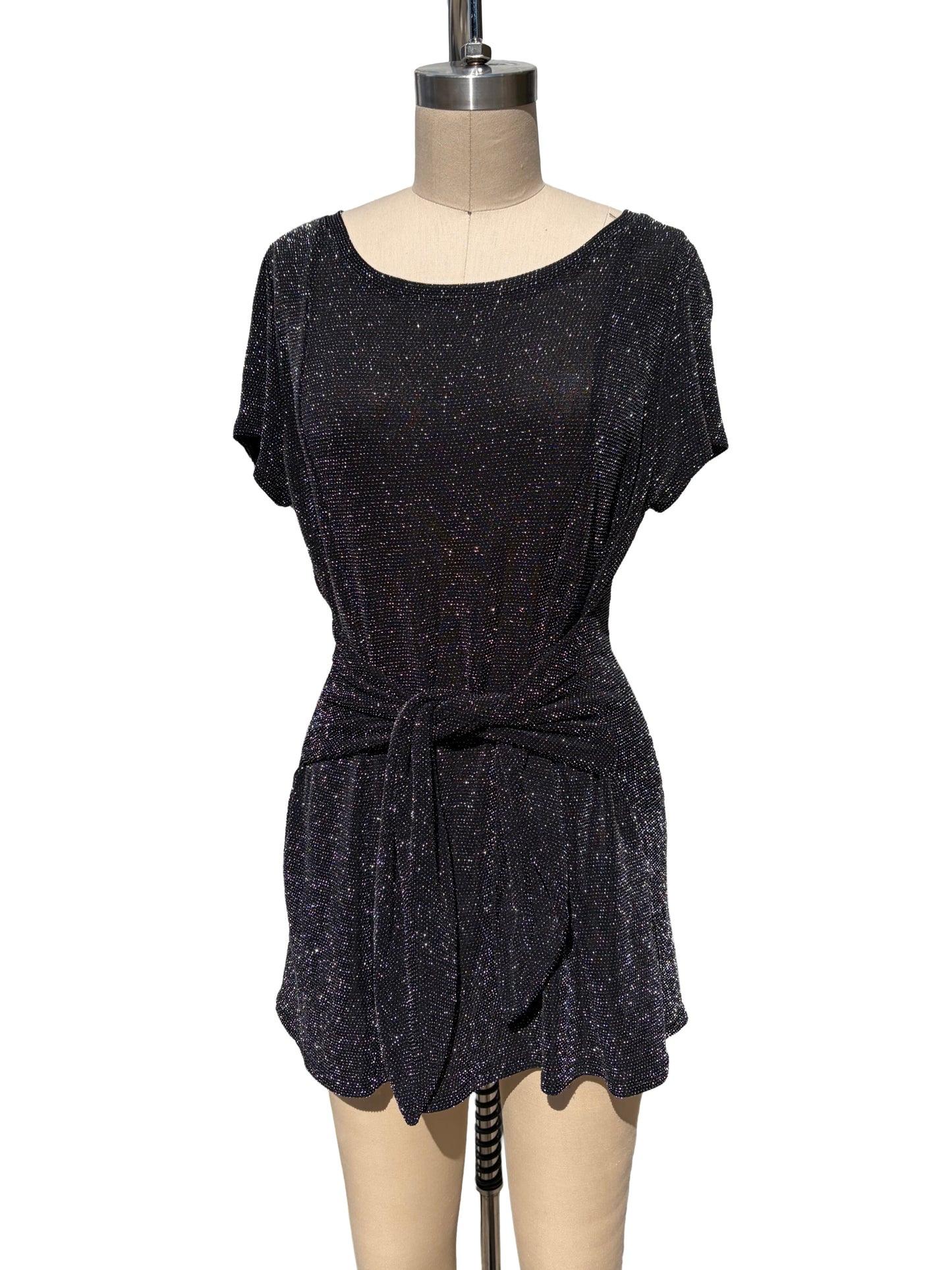 1990s Black Silver Slinky Sarong-Style Stretch Party Dress
