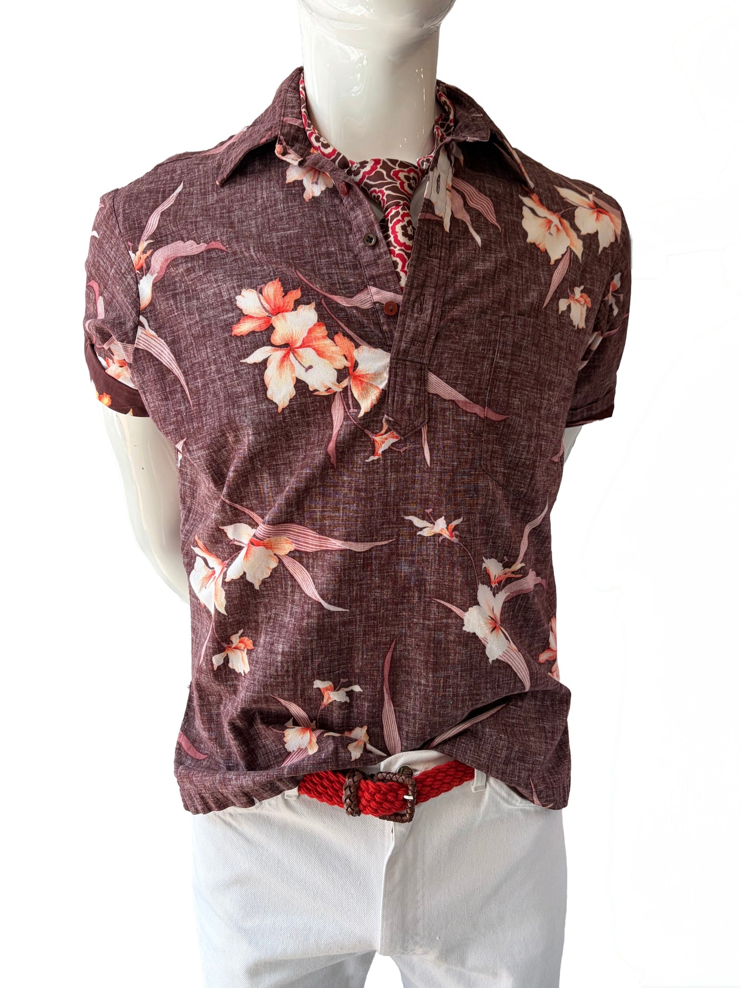 1960s Brown Reverse Print Hawaiian Pop-Over Shirt