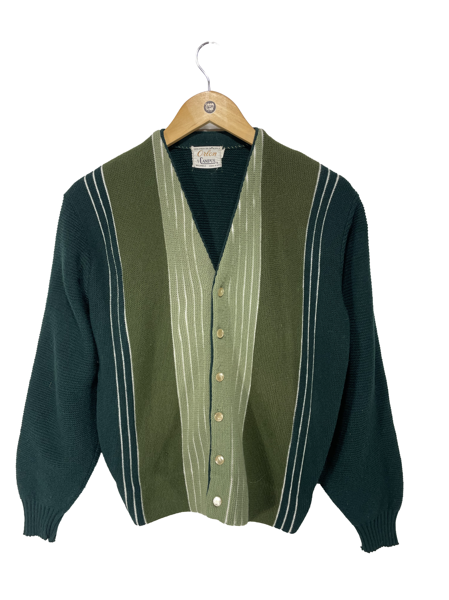 1960s Hunter Green Tones Broad Stripe Orlon Acrylic Men’s Cardigan / Size M