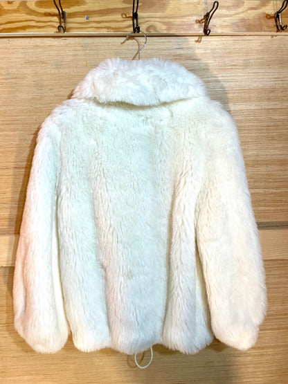 1970s White Faux Fur Wood Bead Drawstring Hem Jacket