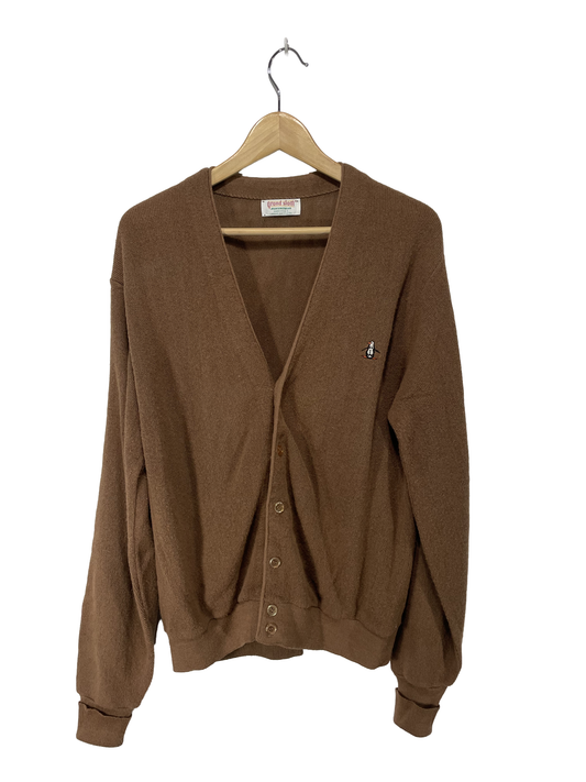 1980s Brown Penguin Emblem Fine Knit Acrylic Men’s Cardigan / Size XL