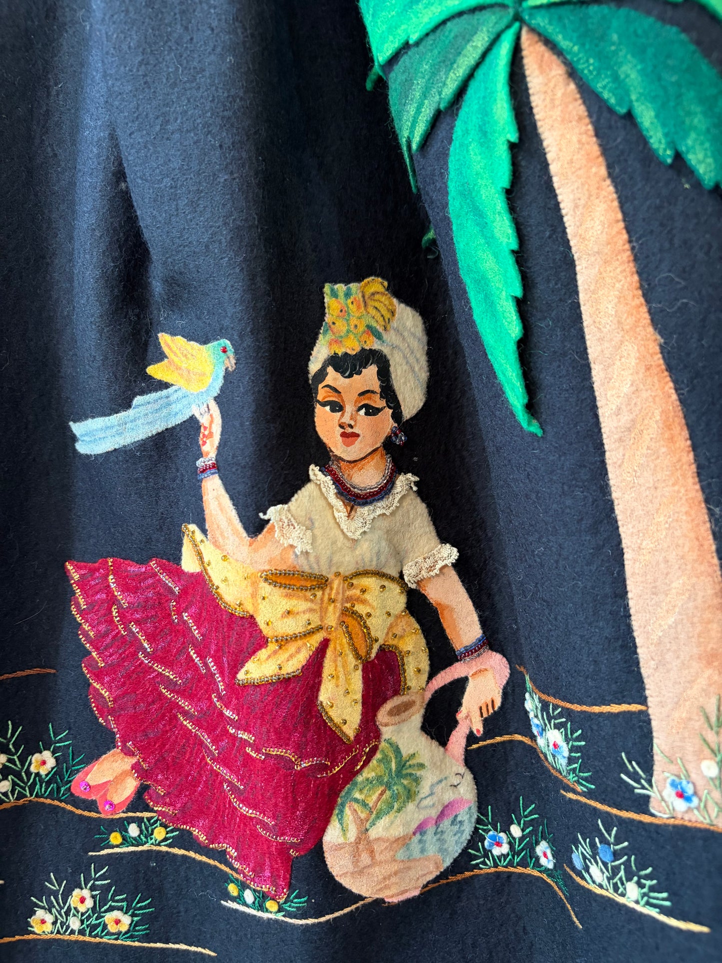 1950s Black Wool Felt Mexican Souvenir Painted Applique Skirt