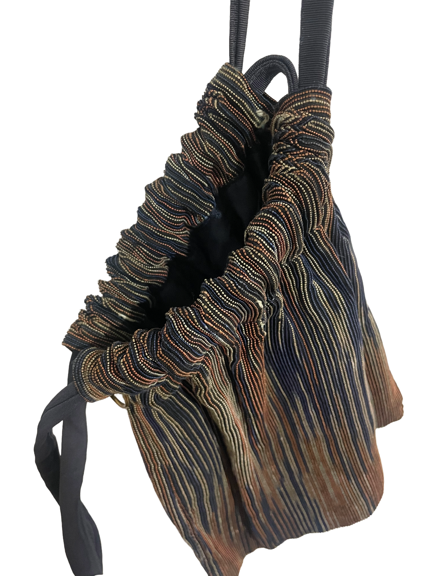 1940s Navy Peach Variegated Stripe Drawstring Satchel Bag