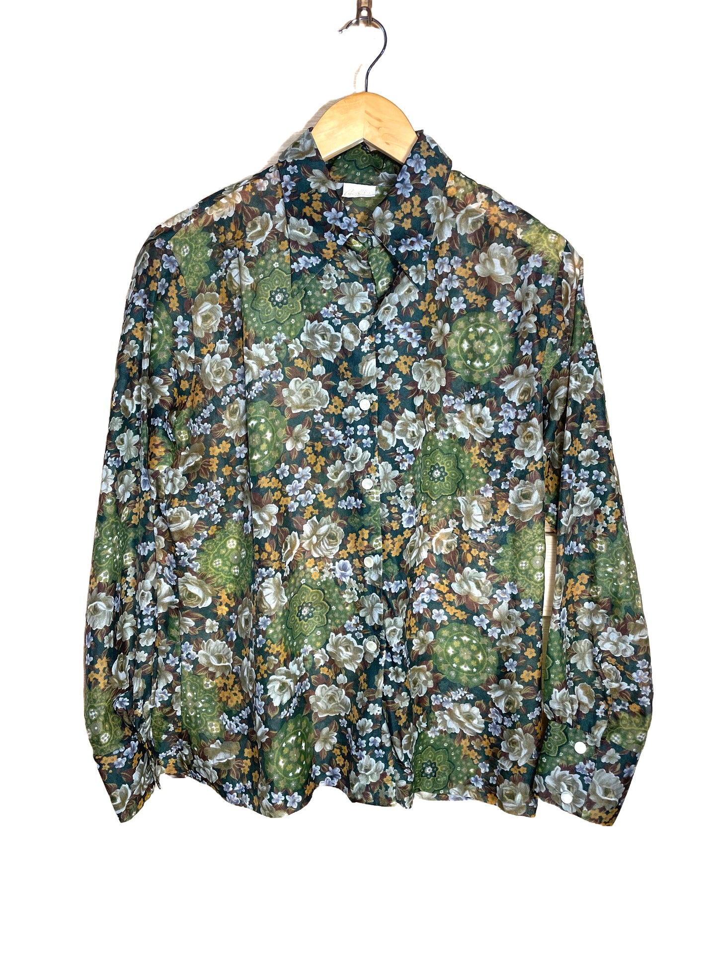 1970s Green Earth Tones Floral Sheer Collared Blouse