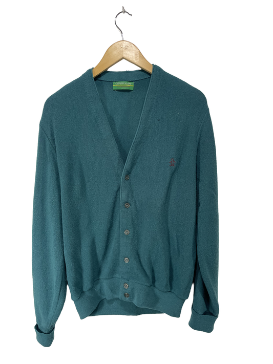 1980s Deep Teal Penguin Emblem Fine Knit Acrylic Men’s Cardigan / Size XL