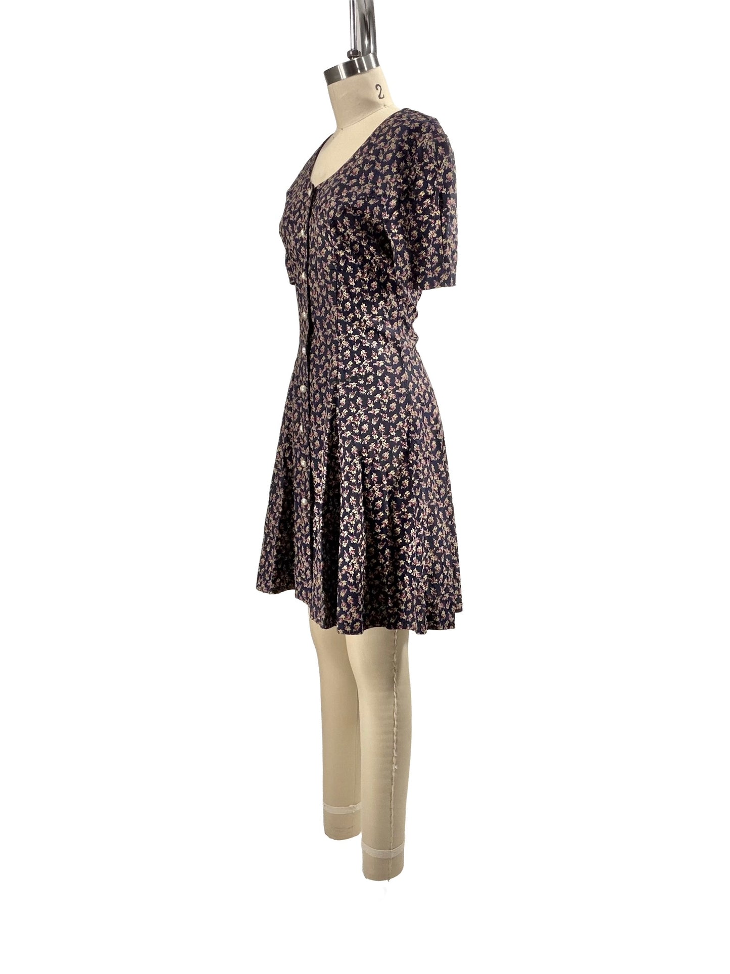 1990s Navy Floral Acetate Pearly Button Mini Dress