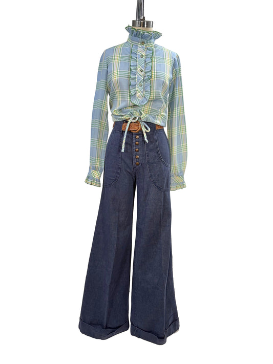 1970s Blue Green Plaid 'Sunday Times' Blouse