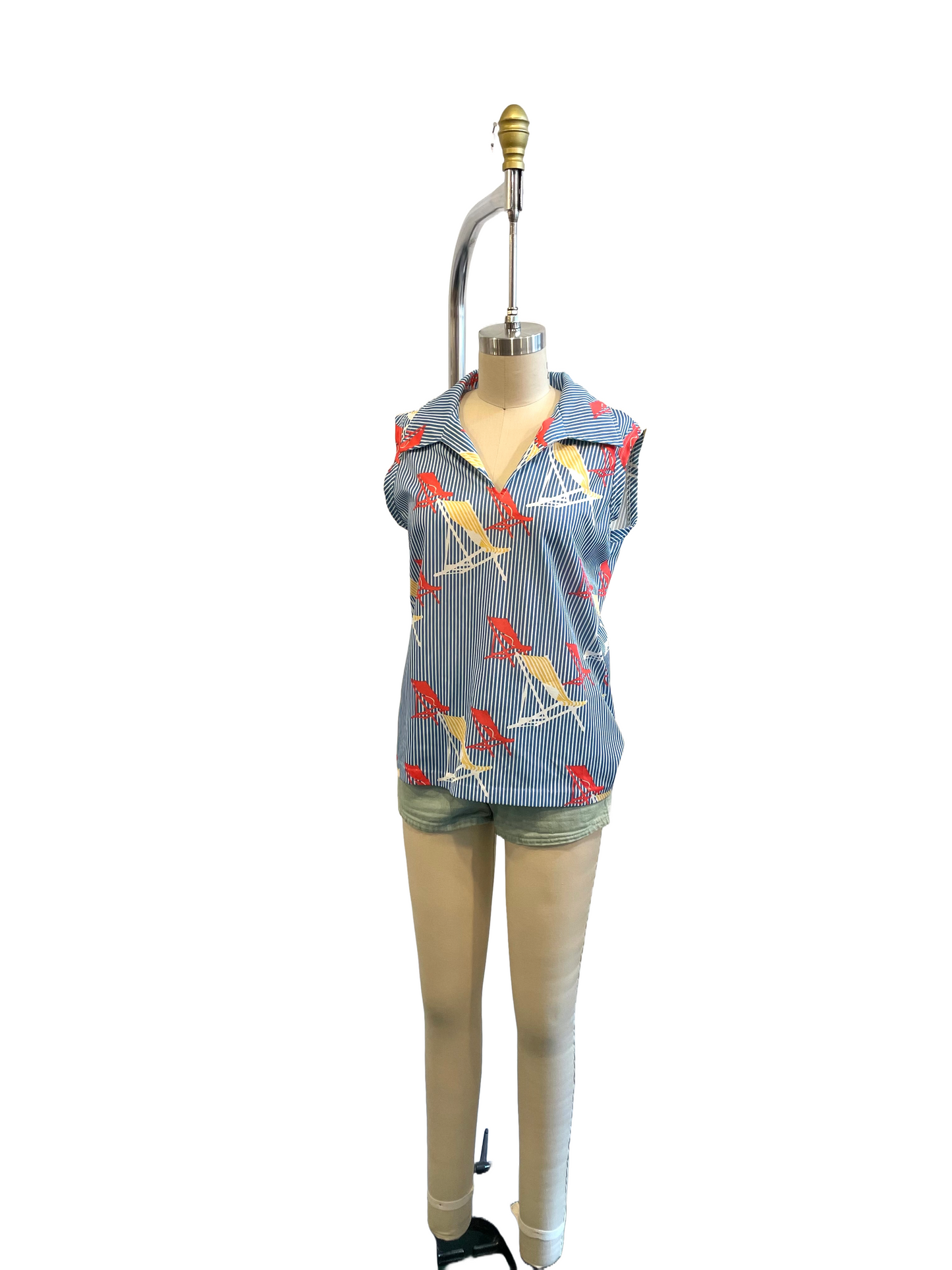 1970s Poly Lawn Chair Print Sleeveless Shirt