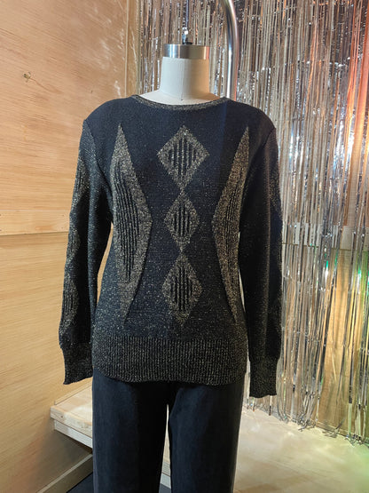 1970s Black Gold Metallic Diamond Knit Sweater