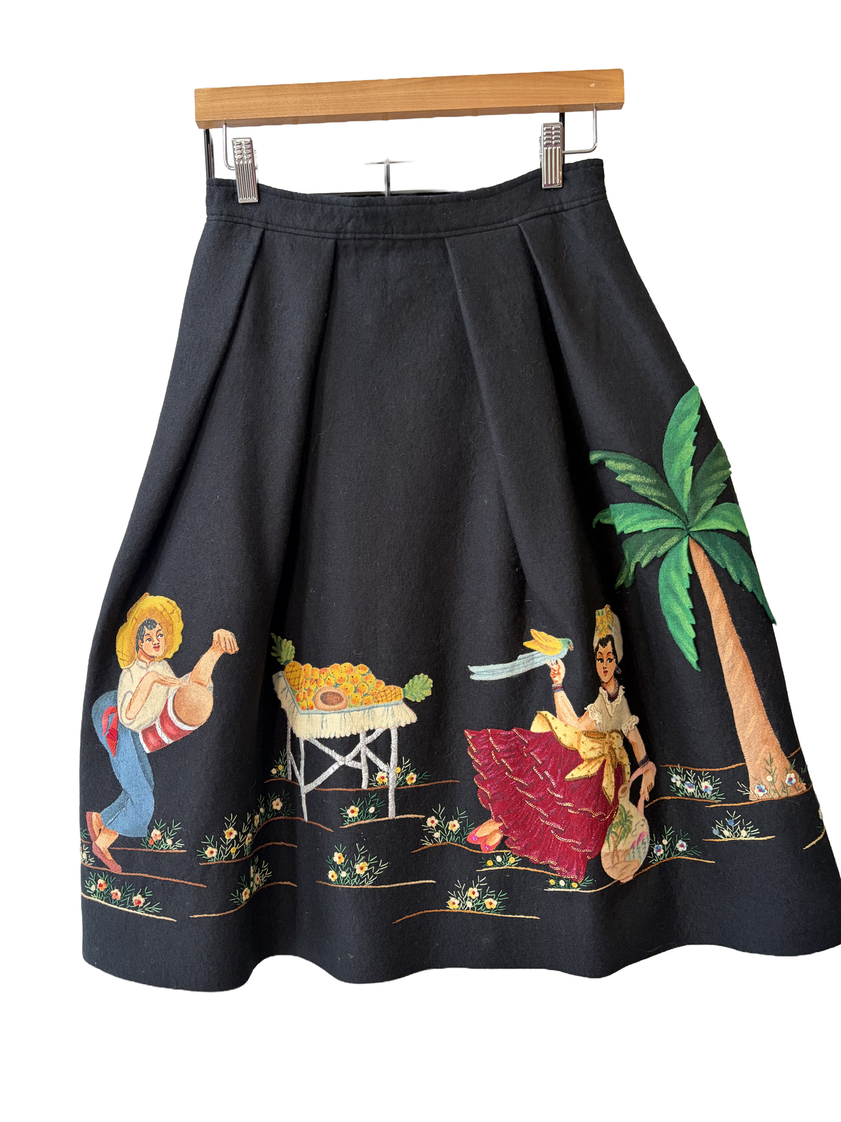 1950s Black Wool Felt Mexican Souvenir Painted Applique Skirt