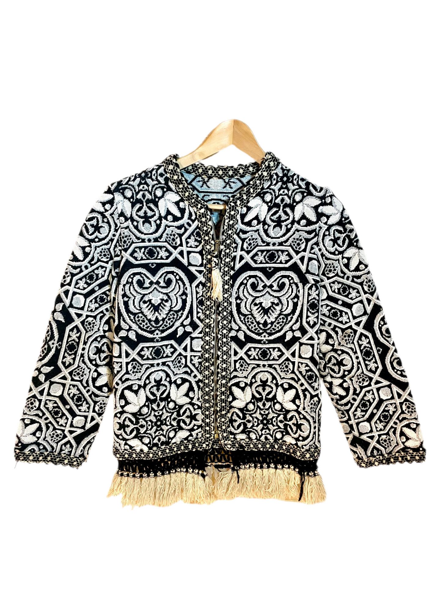 1960s Black White Cotton Tapestry Fringe Zip Jacket