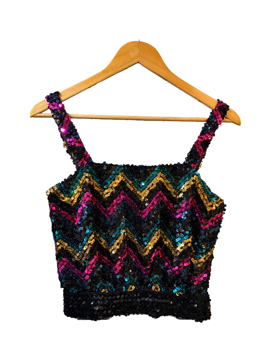 1980s Black Jewel Tones Sequin ZigZag Cropped Disco Tank