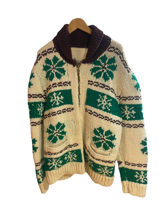 1960s Hand-Knit Wool Cream Green Brown Flake Motif Zip Cowichan-Style Cardigan