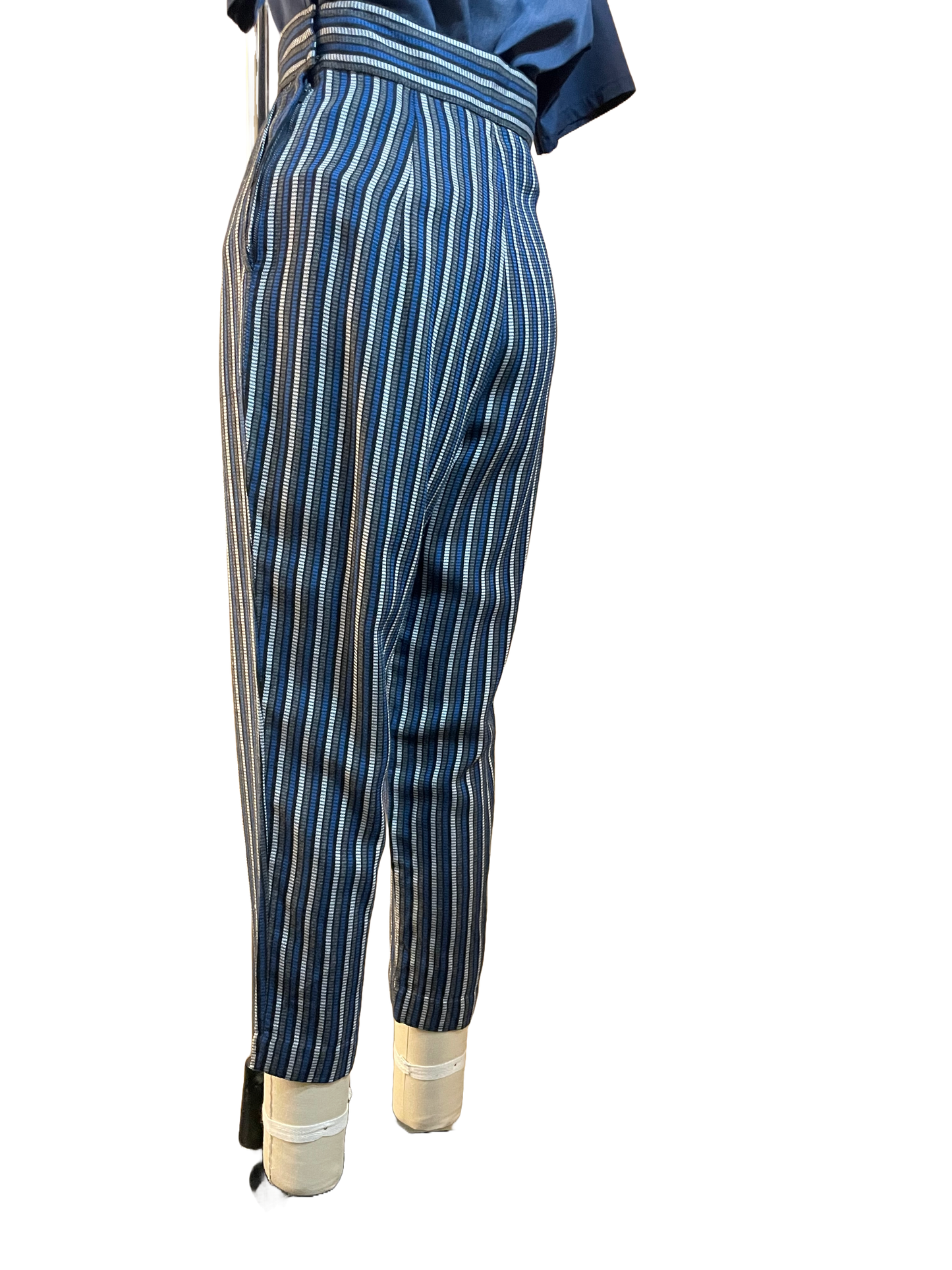 1950s Navy Gray Stripe Cotton Rayon Side Zip Pants