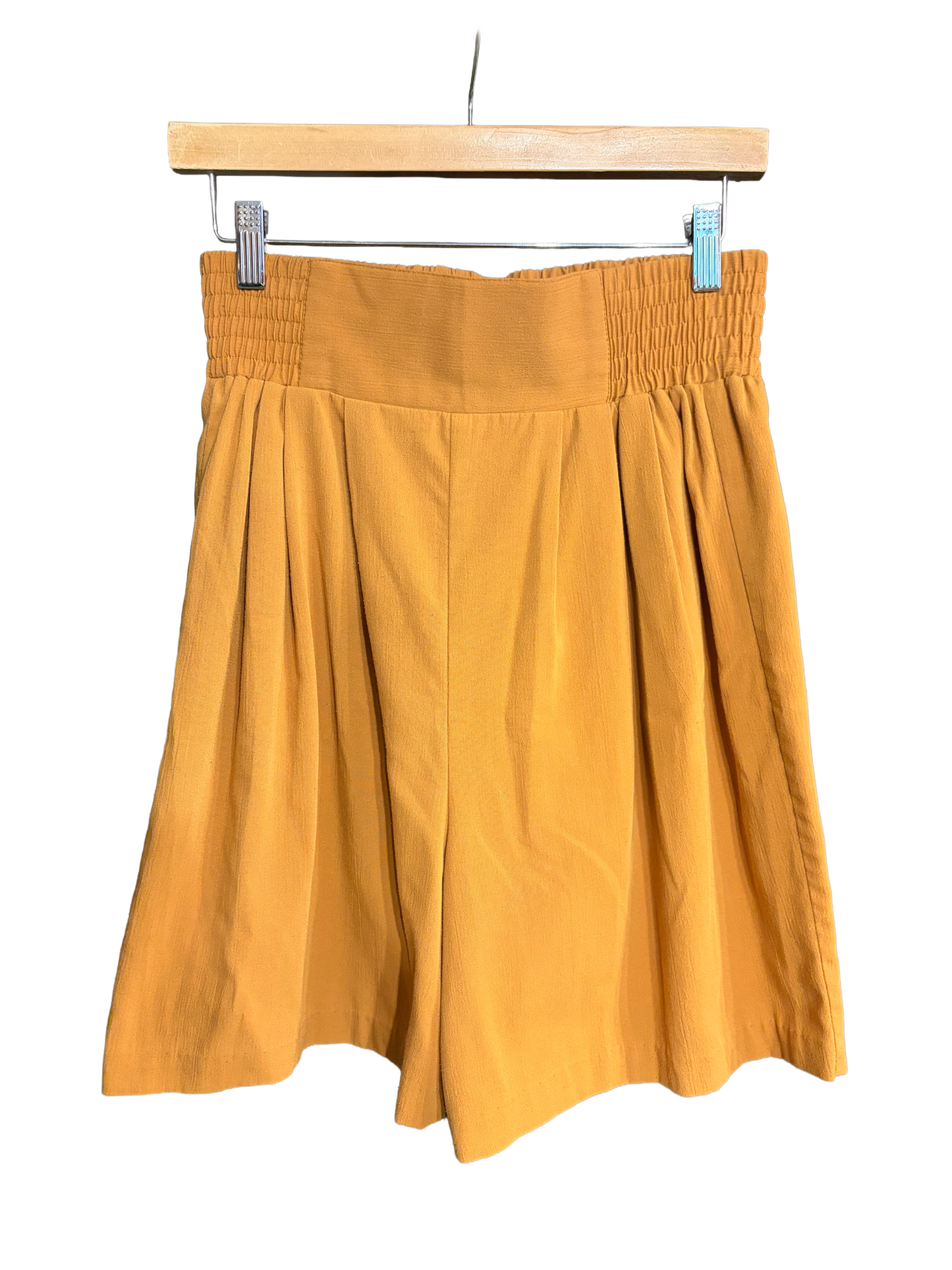 1990s Ochre Yellow Rayon Blend Smocked Waist Culotte Shorts
