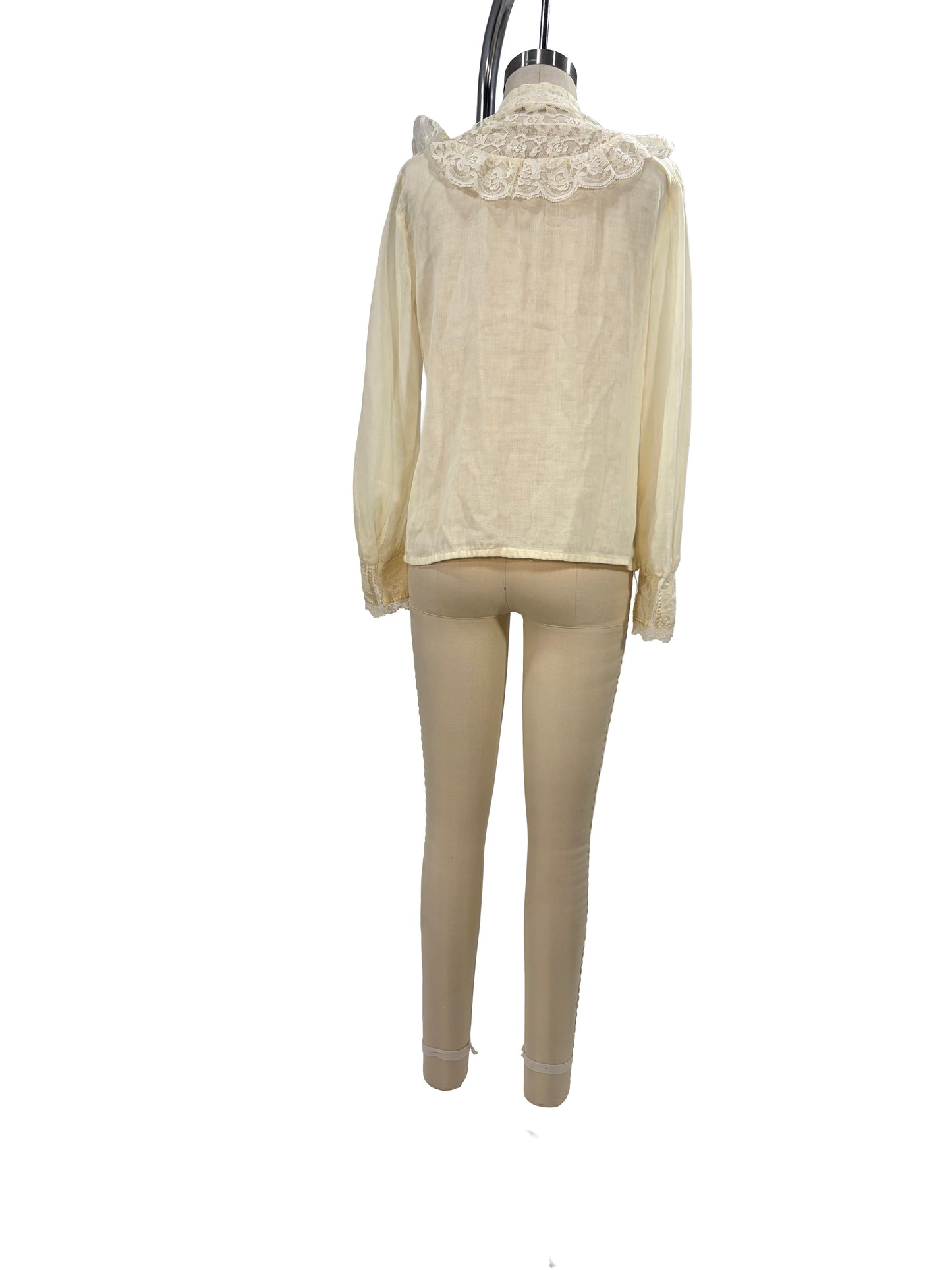 1970s White Cotton Voile Sheer Lace Ruffle Prairie-Style Blouse