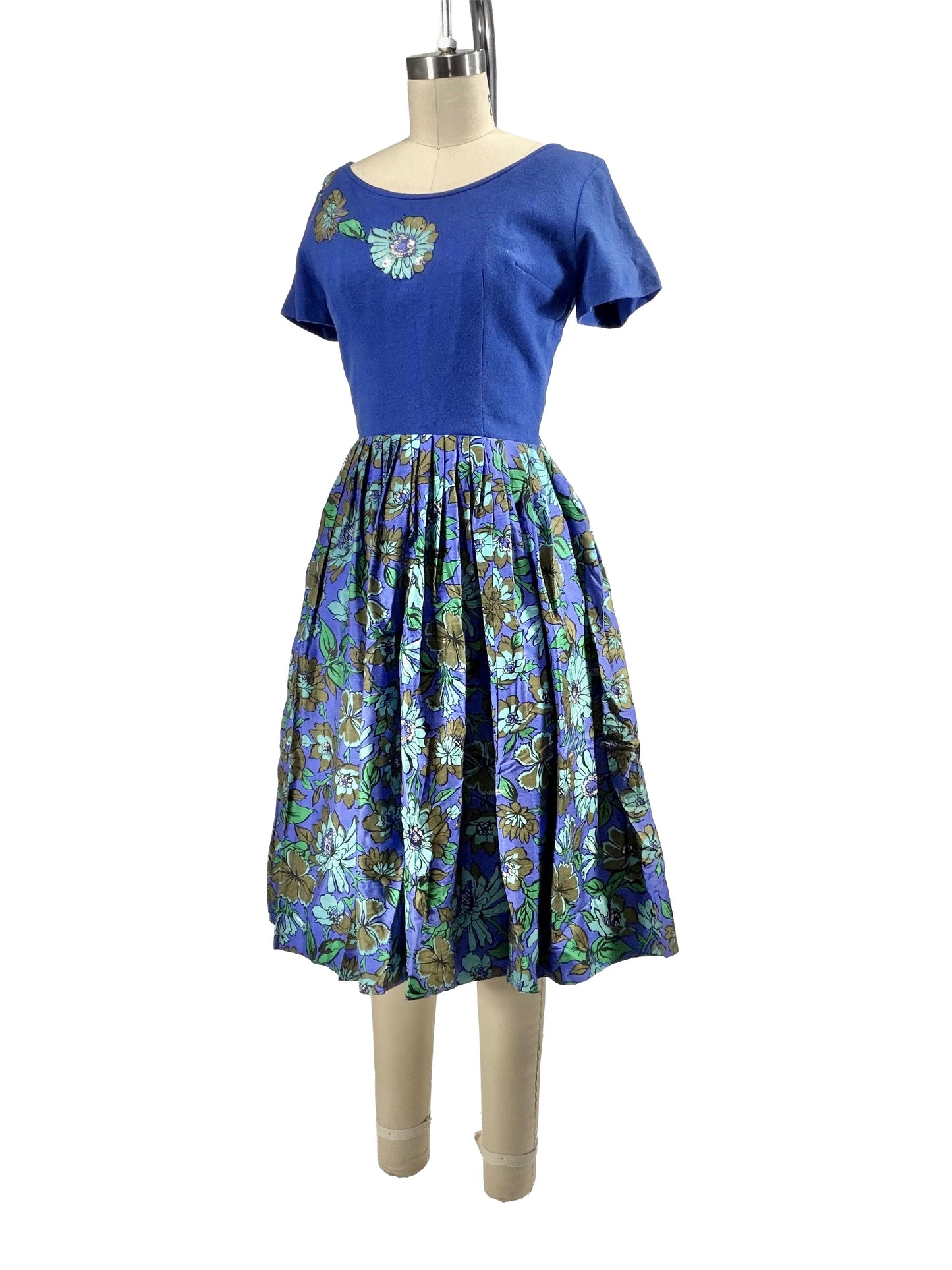 1950s Blue Green Floral Appliqué Wool Silk Dress