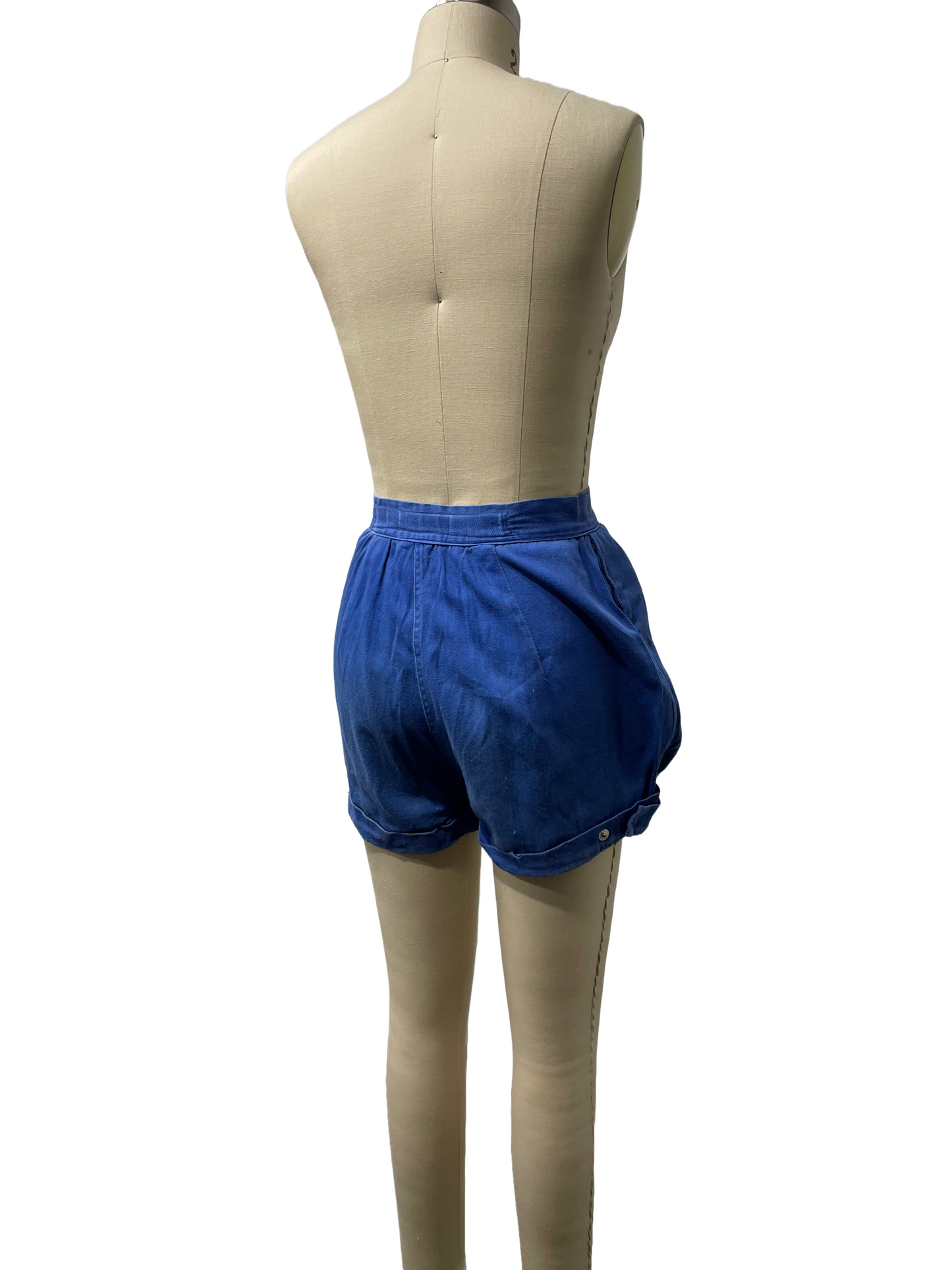 1950s Blue Cotton Twill Adjustable Snap Sport Shorts