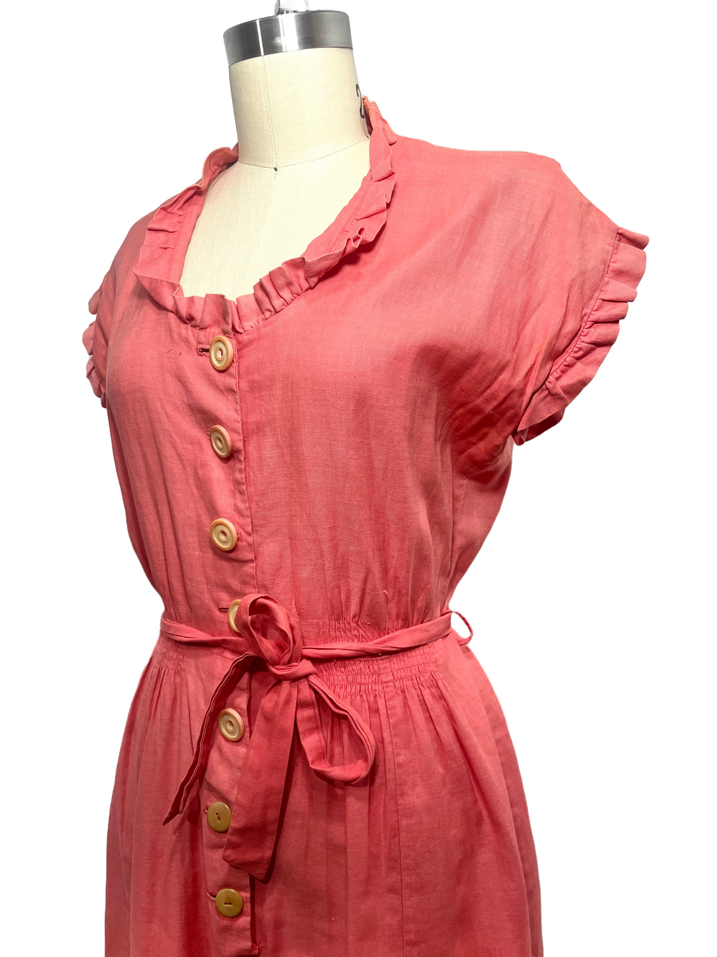 1930s Coral Linen Ruffle Belted Frock Summer Dress