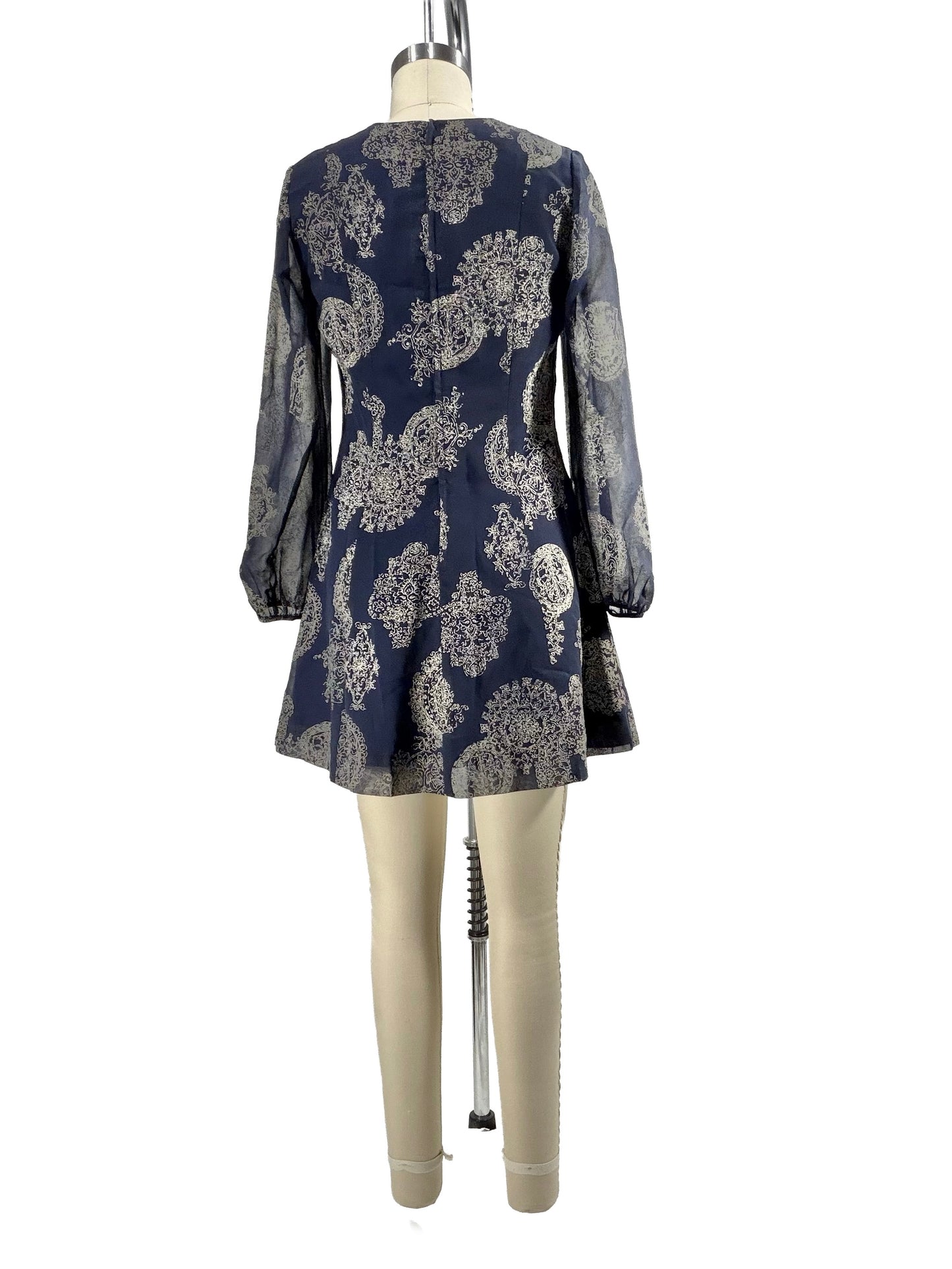 1990s Navy Blue Poly Crepe Sheer Sleeve Mini Dress