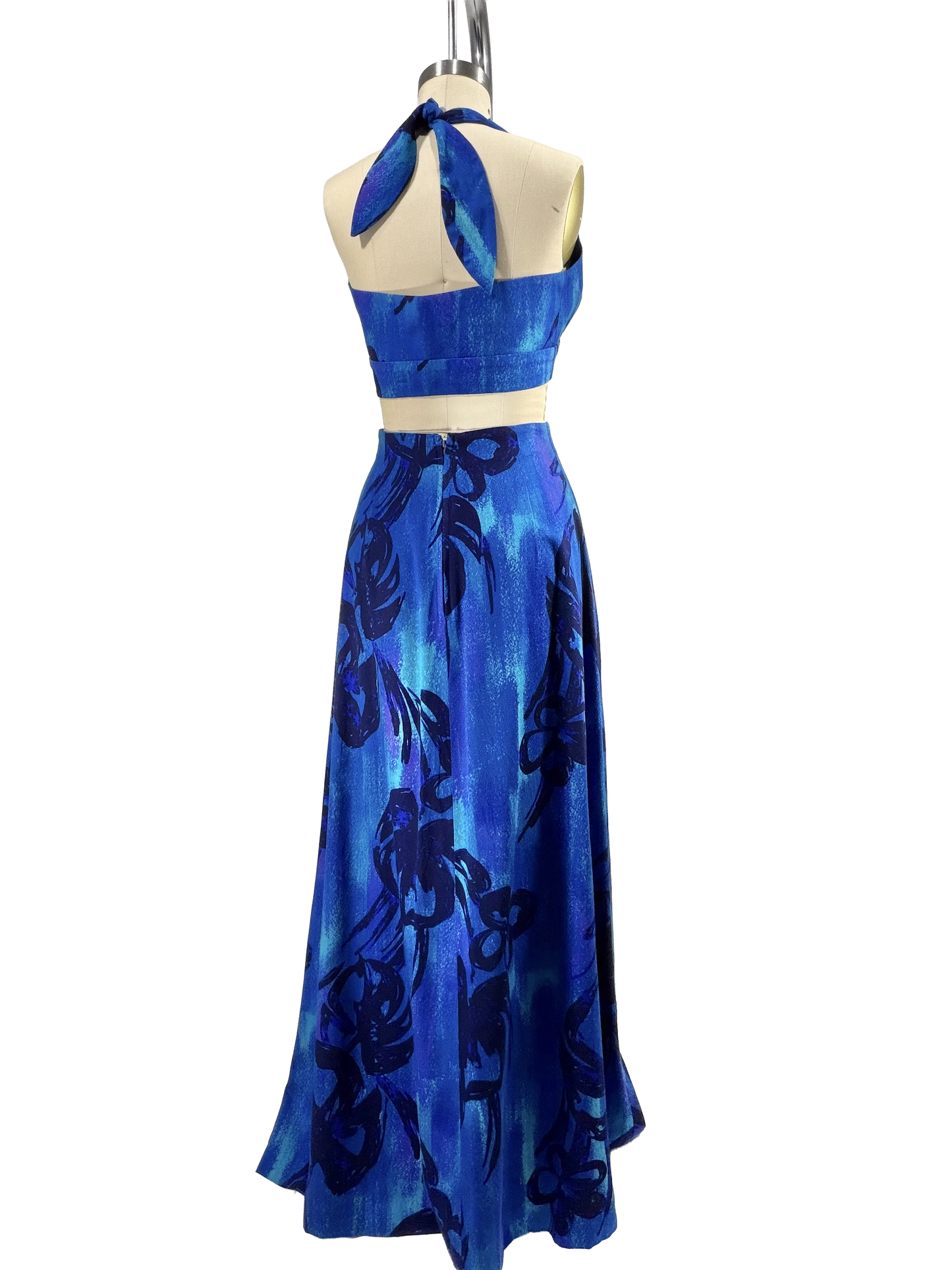 1970s Blue Purple Hawaiian Barkcloth Maxi Skirt Halter Top Set