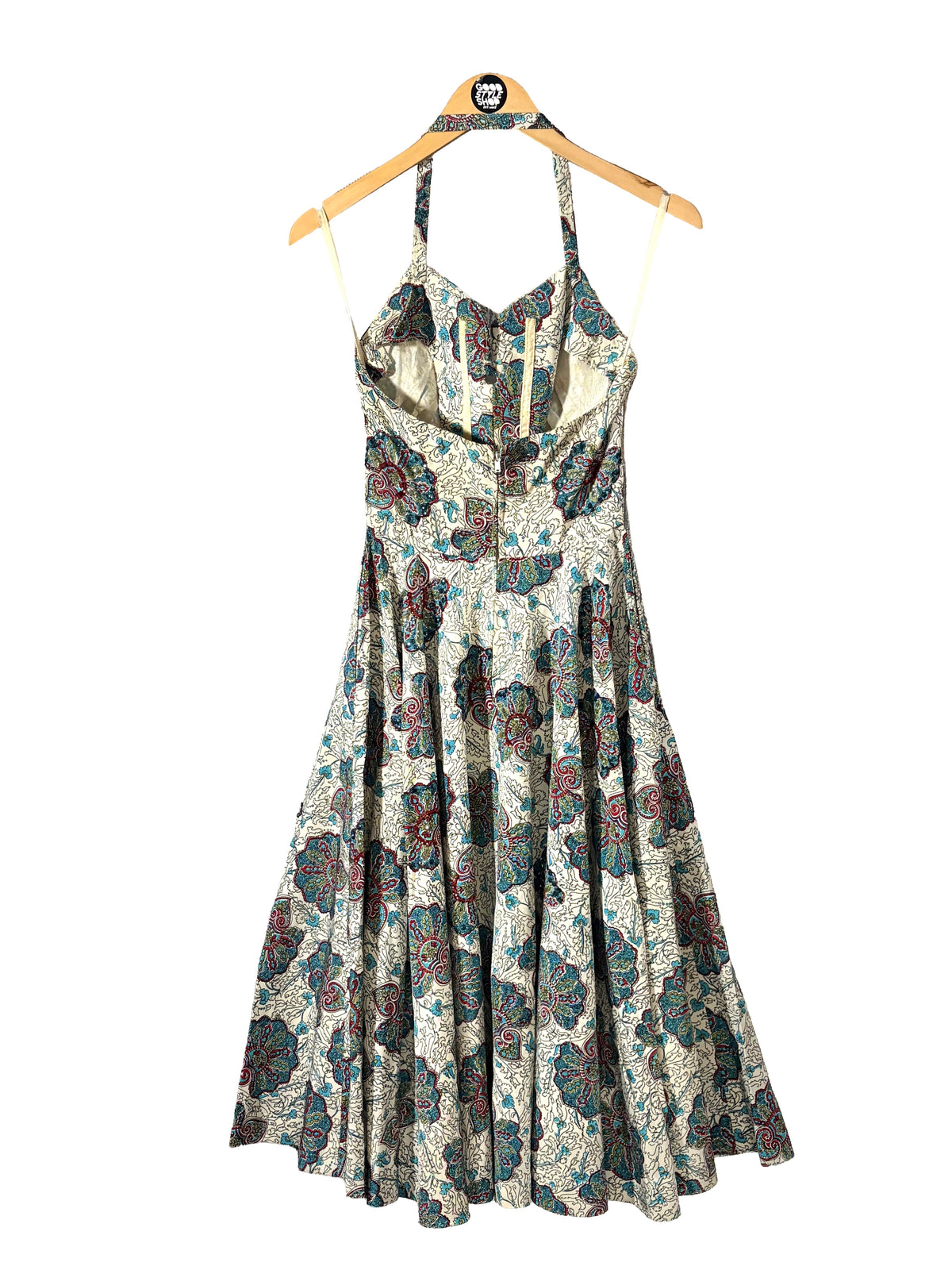 1950s Cream Teal Red Silk Faille Sequined Paisley Halter Fit-and-Flare Dress