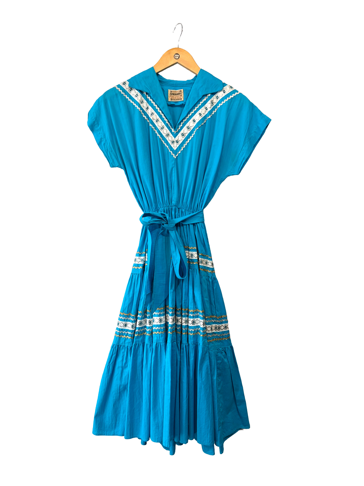 1950s Cerulean Cotton Belted Silver Ric-Rac Ranchcraft Patio Dress