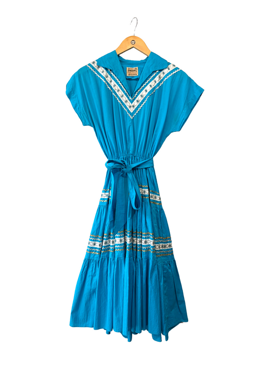 1950s Cerulean Cotton Belted Silver Ric-Rac Ranchcraft Patio Dress