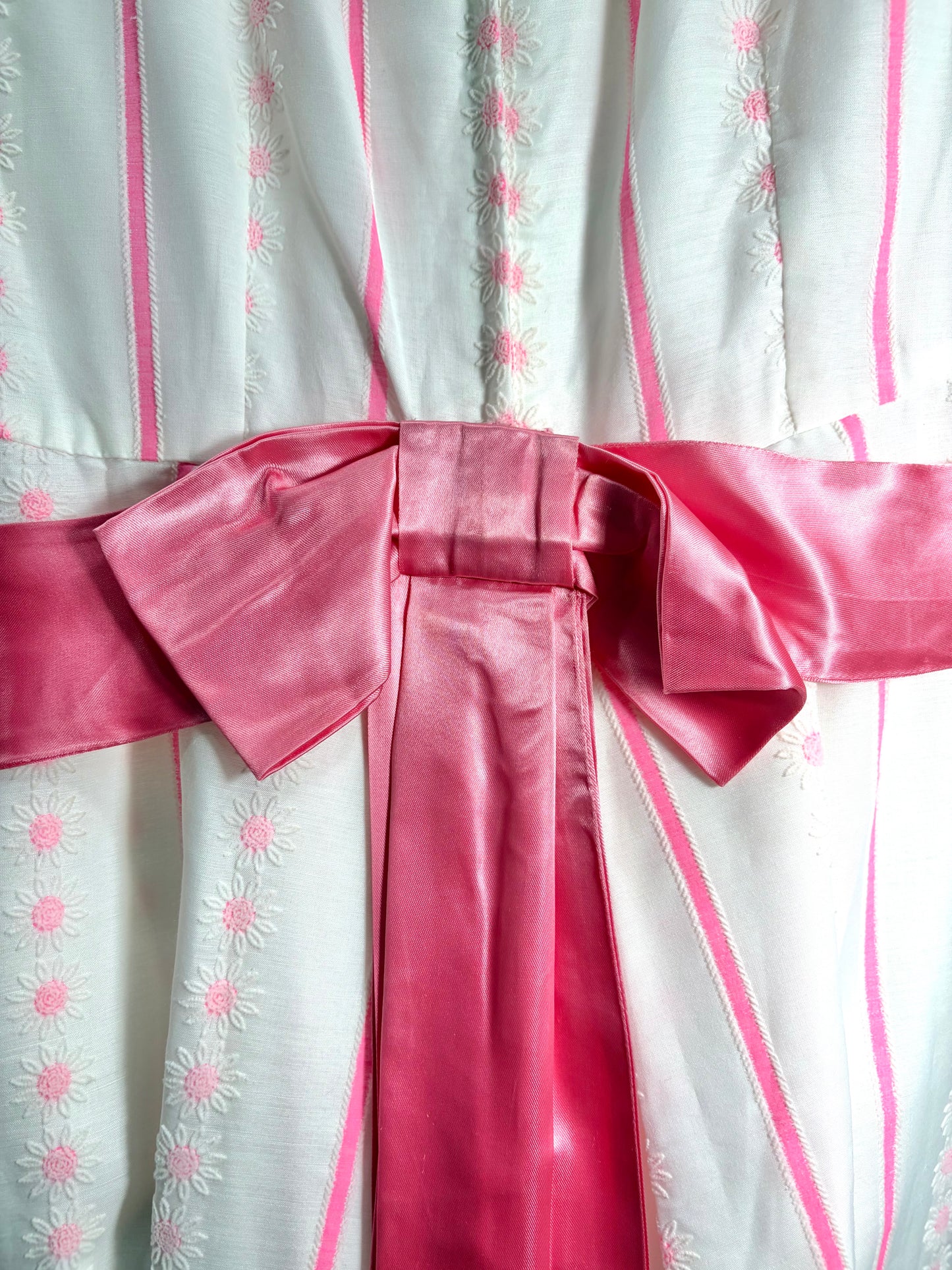 1960s White Hot Pink Chalk Stripe Sash Sleeveless Formal Gown