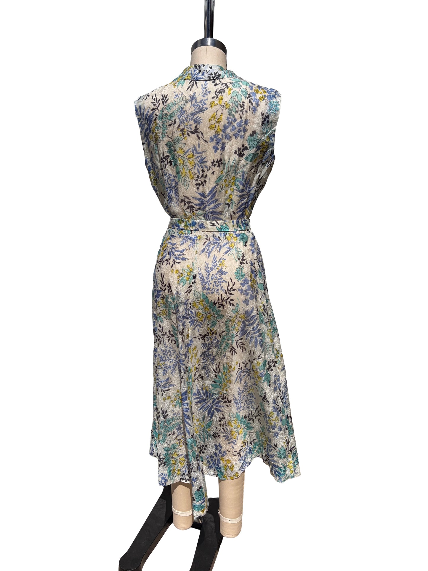 1950s Atomic Blue Leaves Rhinestone Sheer Garden Party Dress